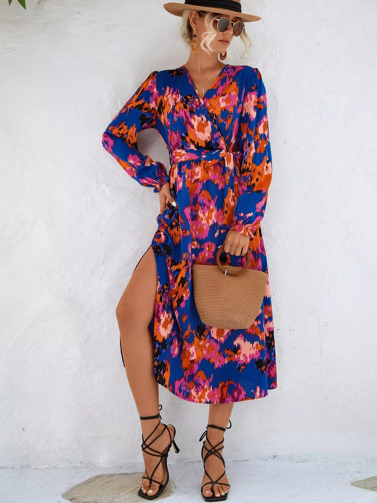 Printed Belted Surplice Long Sleeve Midi Dress with Slit – photo 10