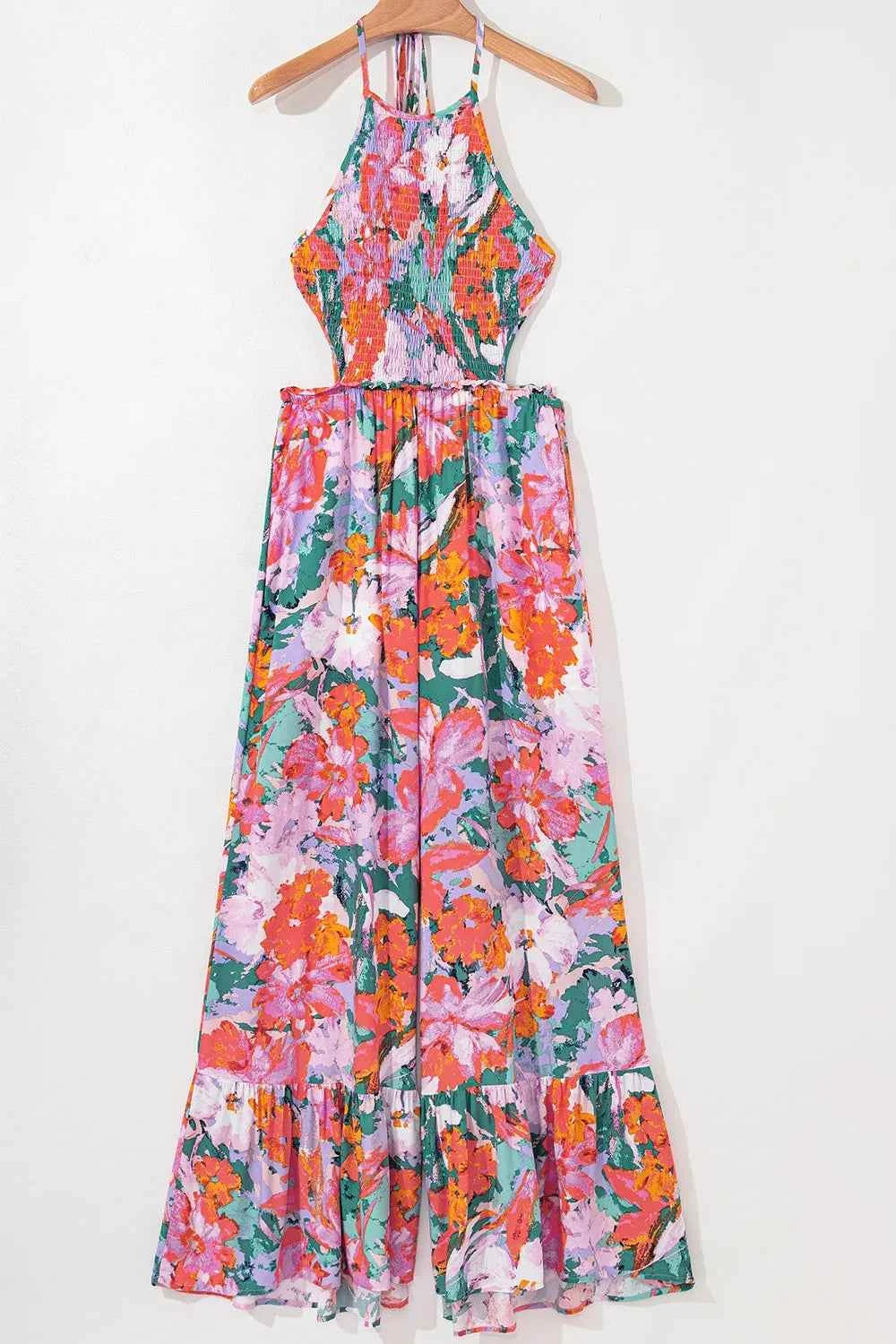Multicolour Floral Print Smocked Halter Neck Sleeveless Wide Leg Jumpsuit