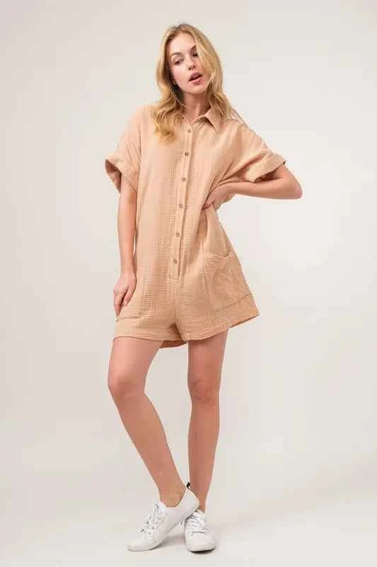 And The Why Washed Gauze Roll-up Sleeve Comfort Utility Romper