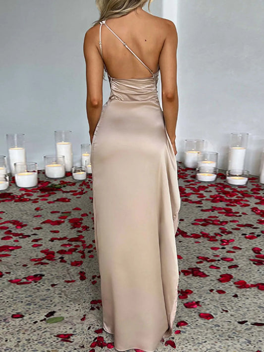 One-Shoulder Ruched Satin Dress with High Slit