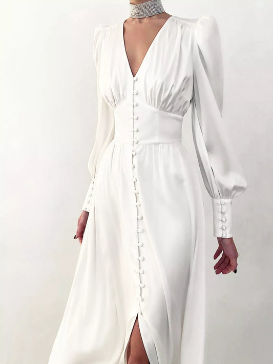 V-Neck Puff Sleeve Button-Down Midi Dress