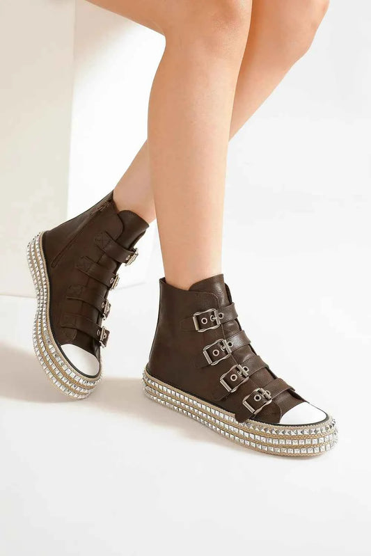 Trendy Punk-Inspired Multi-Buckle Studded Platform Sneakers
