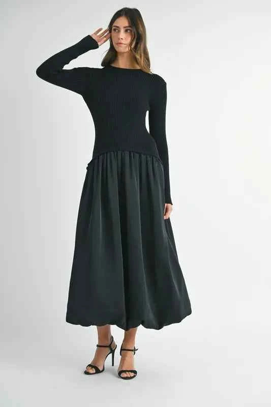 MABLE Ribbed Poplin Mix Midi Sweater Dress