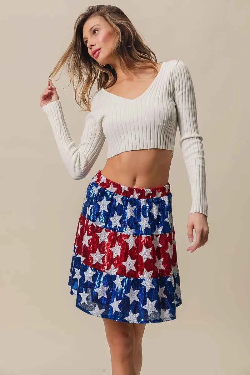 BiBi American Flag Theme Star Sequin Tiered Skirt
