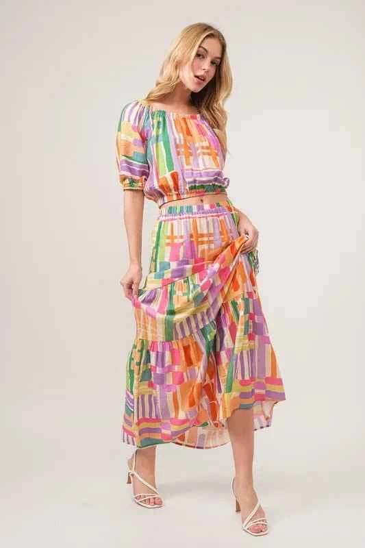And The Why Asymmetric Geo Printed Tiered Maxi Skirt