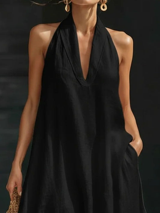 Halter Neck Maxi Dress with Pockets in Black