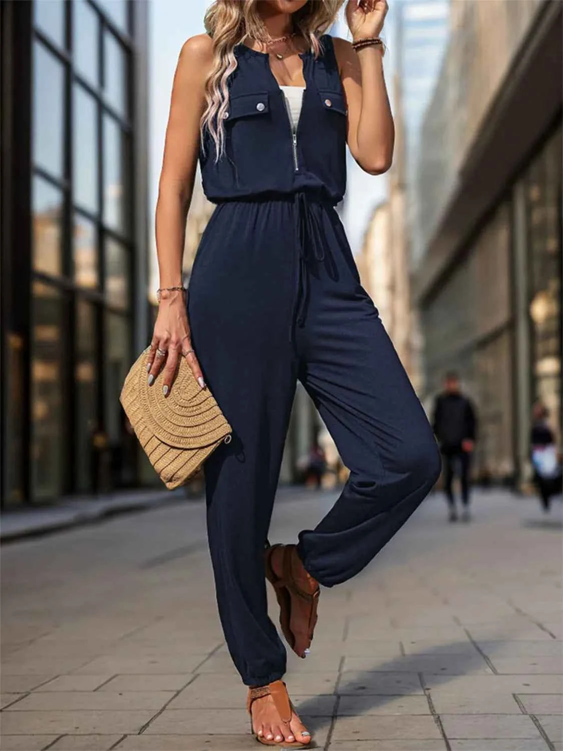 Drawstring Waist Sleeveless Jumpsuit