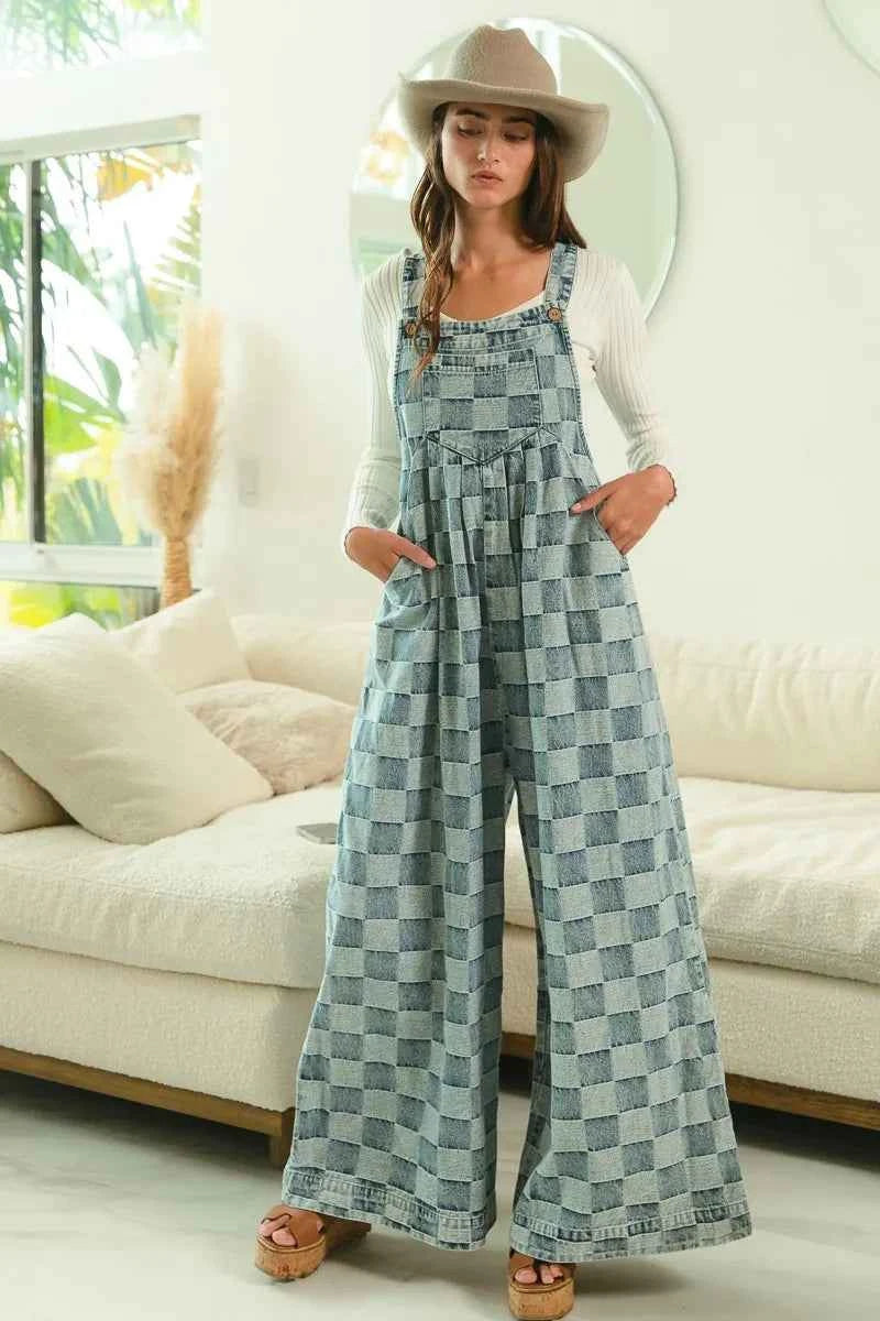 BiBi Washed Vintage Checker Wide Legs Overalls