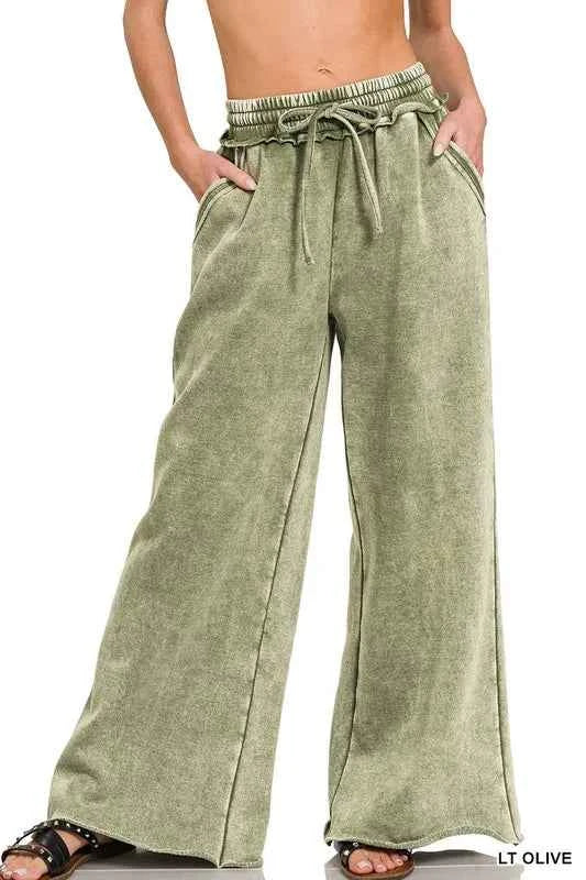 Zenana Full Size Acid Wash Fleece Palazzo Sweatpants with Pockets Plus Size
