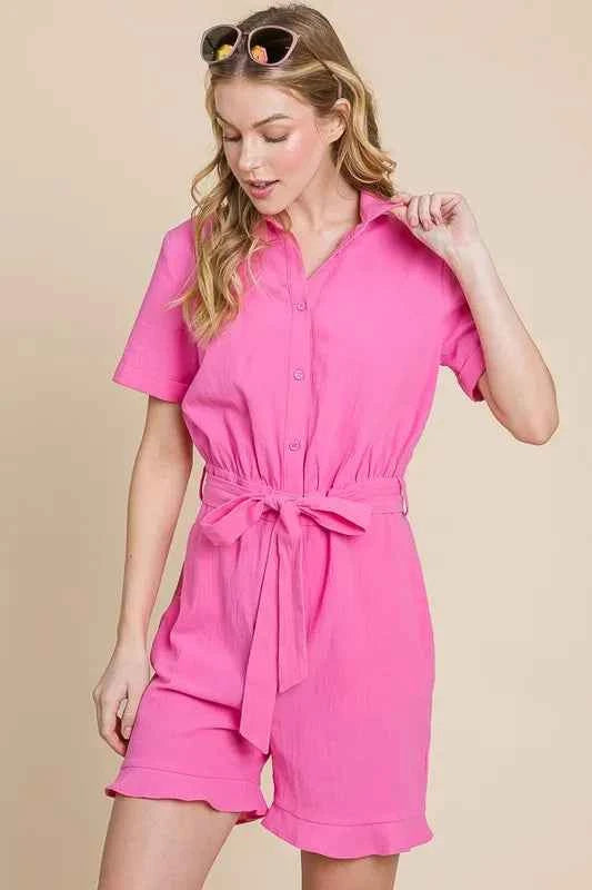 Lime 'N' Chili Collared Button Down Romper with Tie Belt