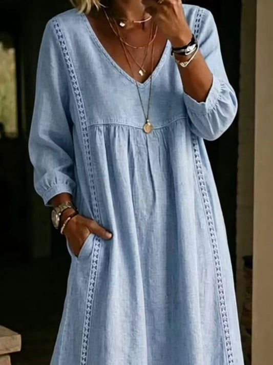 Lace Trim Long Sleeve Midi Dress with Pockets – Plus Size