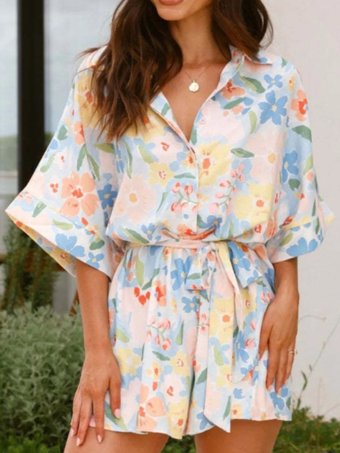 Printed Half Sleeve Tie Waist Romper — Livostyle