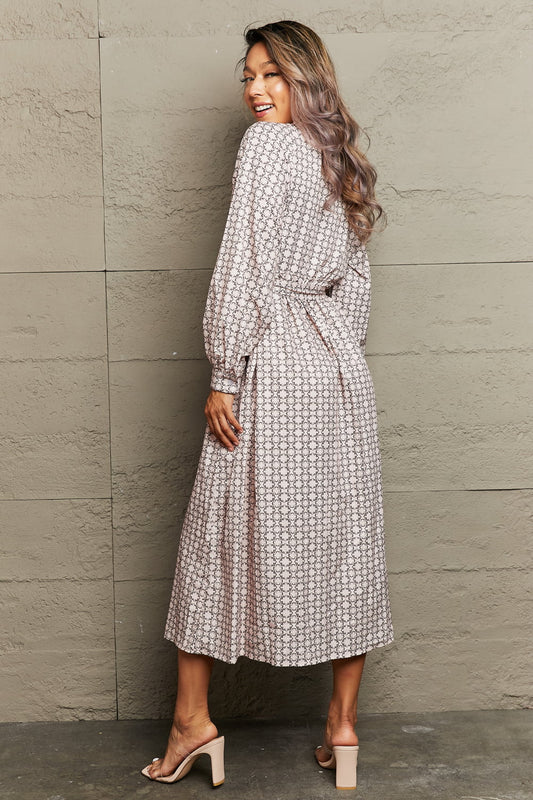 Printed Tie Waist Long Sleeve Midi Dress