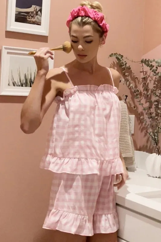 Gingham Ruffle Trim Cami and Shorts Pajama Set — Livostyle