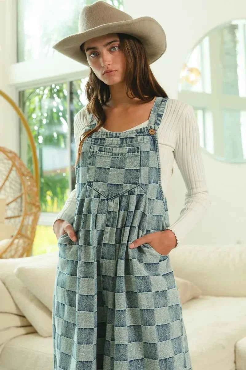 BiBi Washed Vintage Checker Wide Legs Overalls