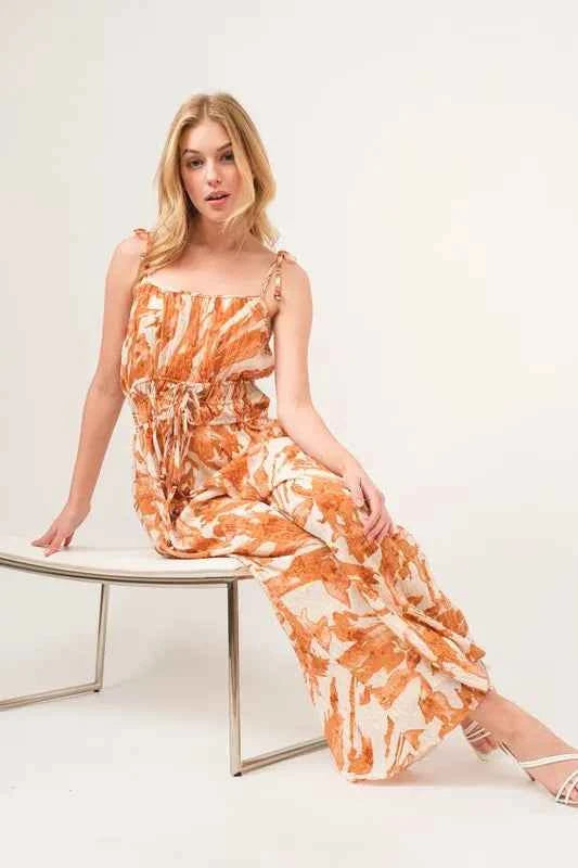 And The Why Waist Strings Abstract Print Wide Leg Jumpsuit
