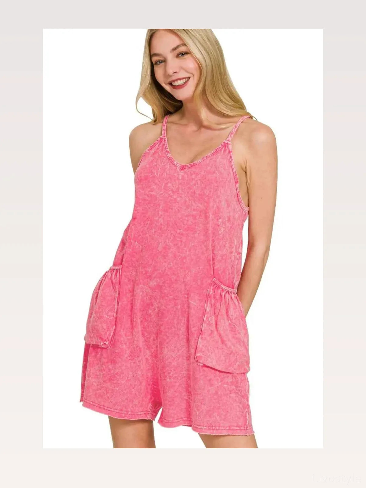 Acid Crinkle Washed Spaghetti Strap Romper in FUCHSIA — styled showcase — Livostyle