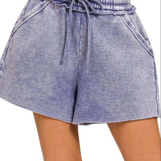 Acid Wash Fleece Drawstring Shorts With Pockets in Marlin — square view — Livostyle