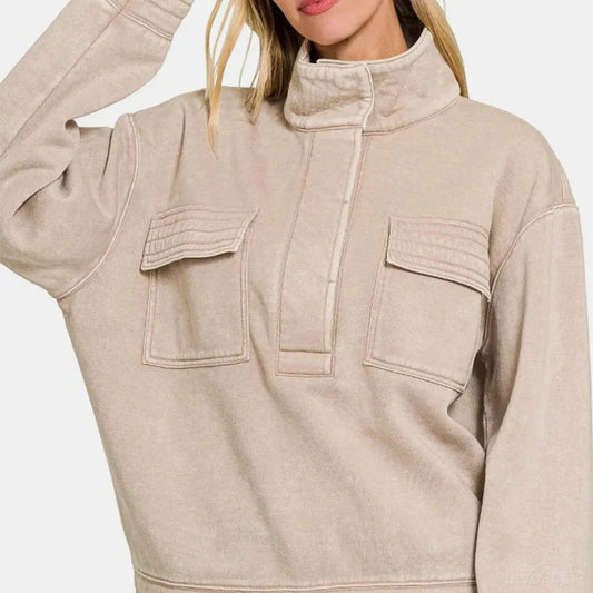 Acid Washed Half Snap Fleece Sweatshirt — square view — Livostyle