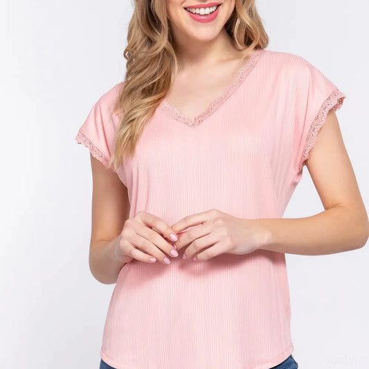 Elegant V-Neck Lace Trim Ribbed Short Sleeve Top — square view — Livostyle