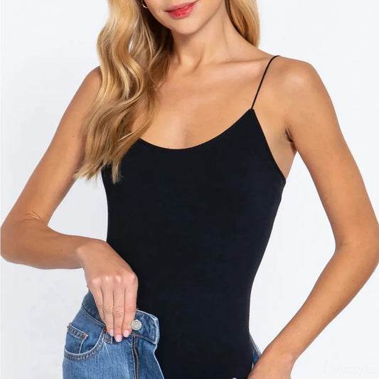 Black Elegant Ribbed Round Neck Cami Bodysuit — square view — Livostyle
