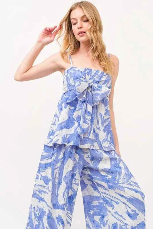 And The Why Smocked Tied Waist Abstract Print Wide Leg Pants
