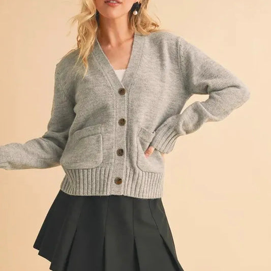 Chic Ribbed Hem V-Neck Button Down Cardigan — square view — Livostyle