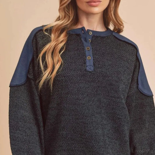 Casual Sweatshirt with Side Slits & Contrast Shoulders — square view — Livostyle