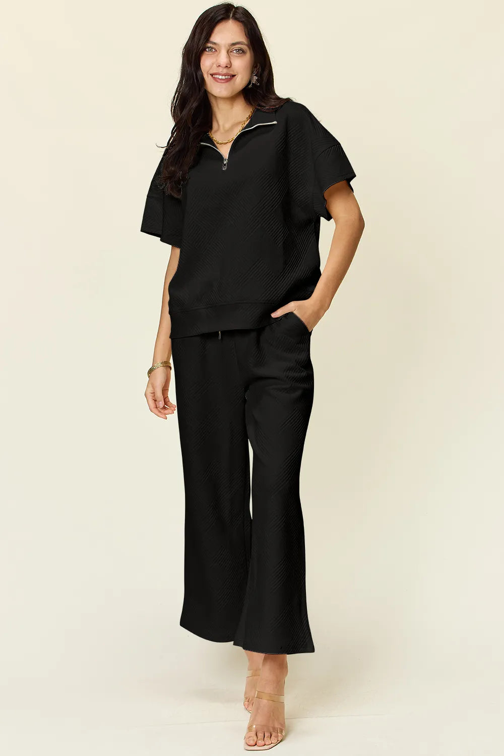 Texture Half Zip Short Sleeve Top and Pants Set — Livostyle