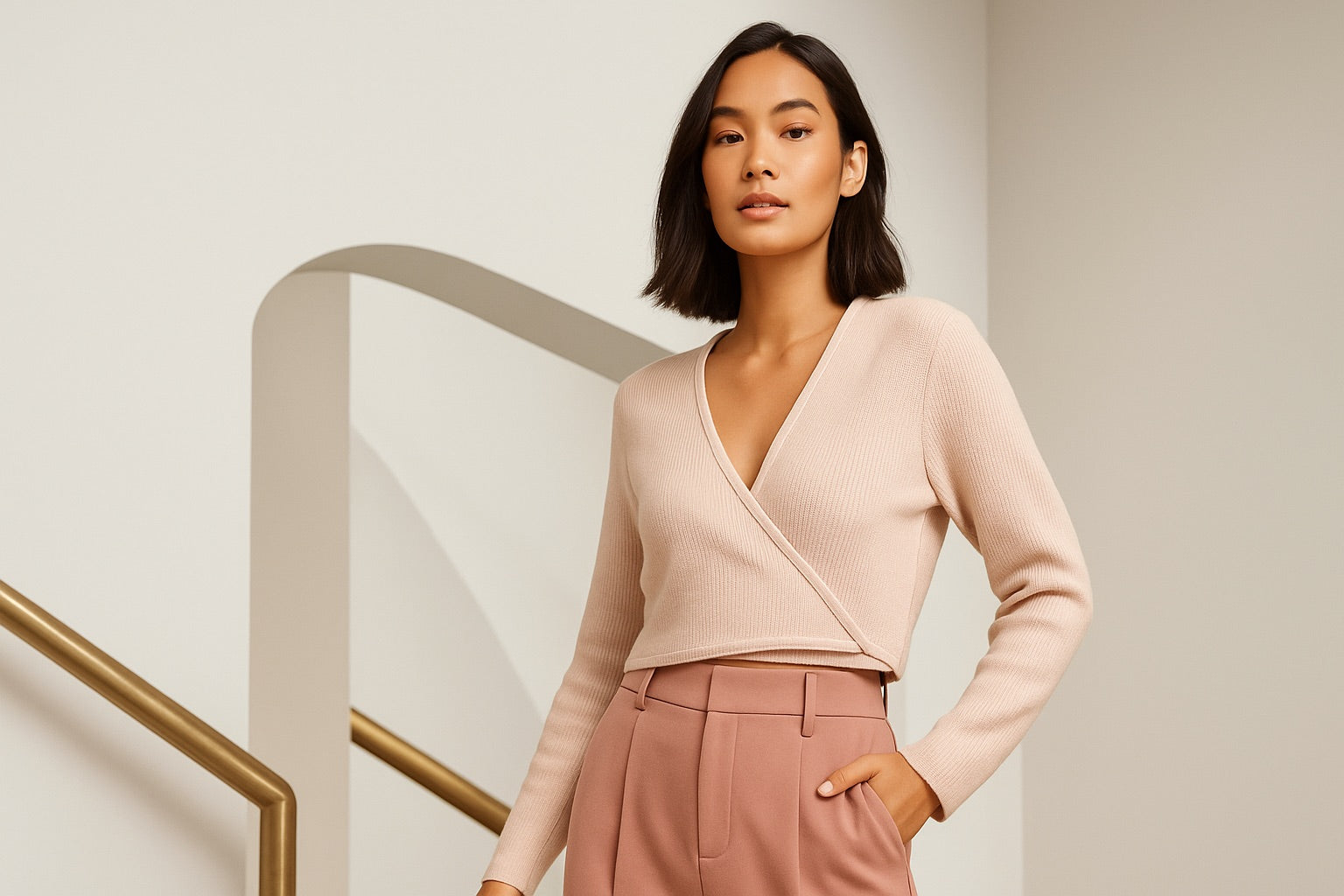 Woman in elegant pastel outfit posing for fashion collection banner