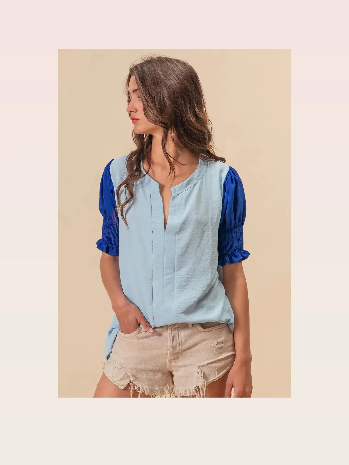 Stylish V-Neck Top with Puff Sleeves and Color Block Design — styled showcase — Livostyle