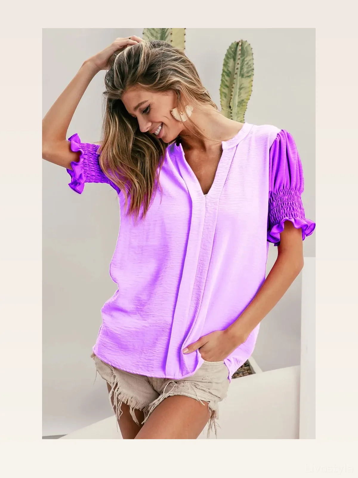 Chic V-neck Top with Color Block Design and Puff Sleeves — styled showcase — Livostyle