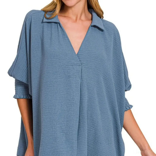 Airflow Collar Tee with Smocked Sleeve Band Top in DUSTY BLU — square view — Livostyle
