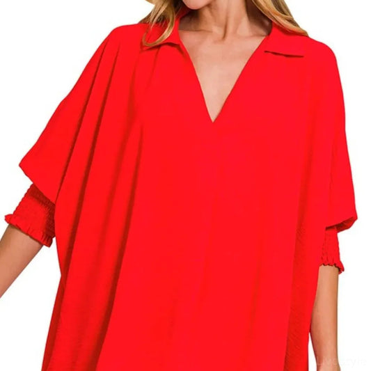 Airflow Collar Tee with Smocked Sleeve Band Top — square view — Livostyle
