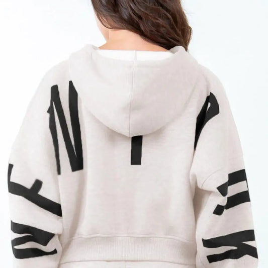 Trendy Cropped Hoodie with Letter Graphics and Drawstring — square view — Livostyle