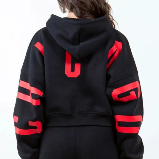 Stylish Graphic Long Sleeve Cropped Hoodie with Drawstring — square view — Livostyle