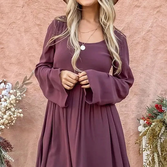 Elegant Lace Back Bell Sleeve Dress with Button-Down Detail — square view — Livostyle