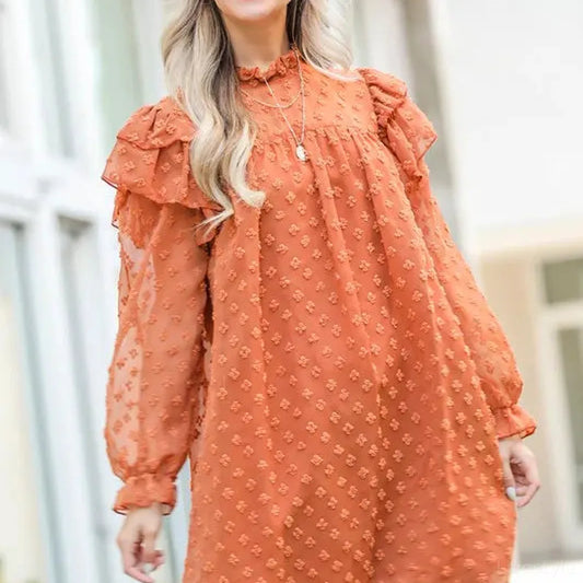 Elegant Textured Woven Dress with Lovely Ruffle Shoulder — square view — Livostyle