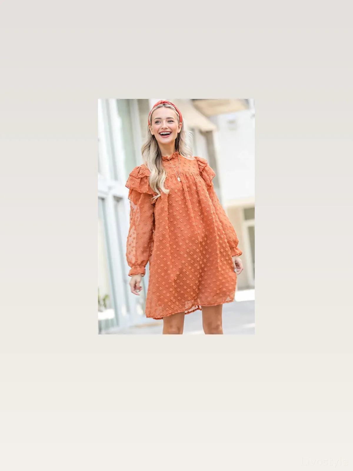 Elegant Textured Woven Dress with Lovely Ruffle Shoulder — styled showcase — Livostyle
