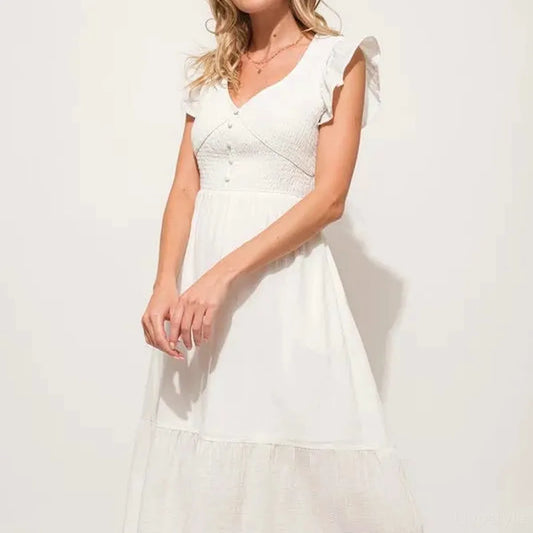 Ruffle Sleeve Smocked Midi Dress with Tiered Skirt