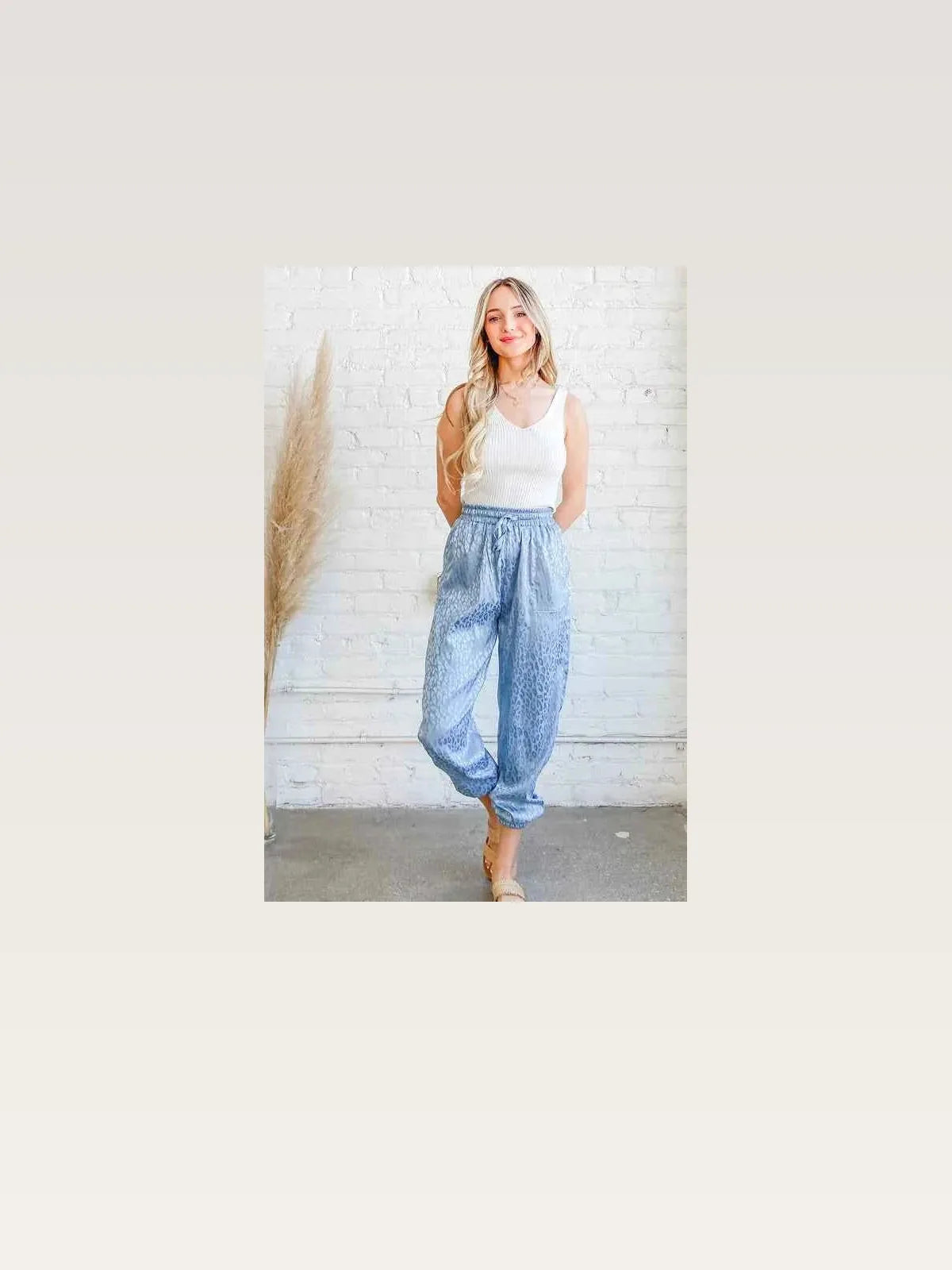 Pale Blue Satin Leopard Print Joggers — styled showcase — Livostyle