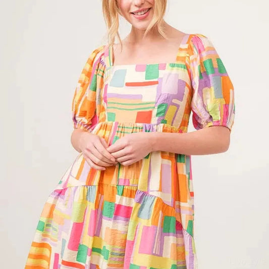 Chic Square Neck Geo Print Mini Dress with Puff Sleeves — square view — Livostyle