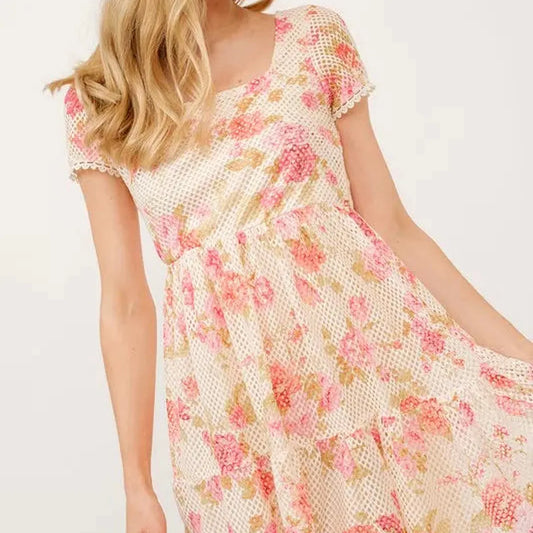 Elegant Square Neck Floral Dress with Fishnet Detailing — square view — Livostyle