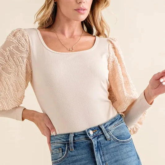 Textured Puff Sleeve Bodysuit with Lace Accents