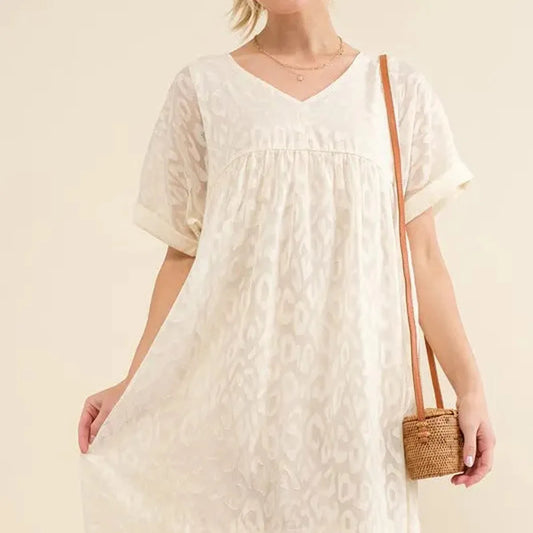 Chic Leopard Print Baby Doll Dress with Roll-Sleeves — square view — Livostyle