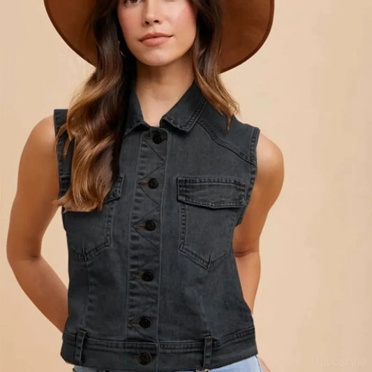 Collared Neck Button Down Denim Vest — square view — Livostyle