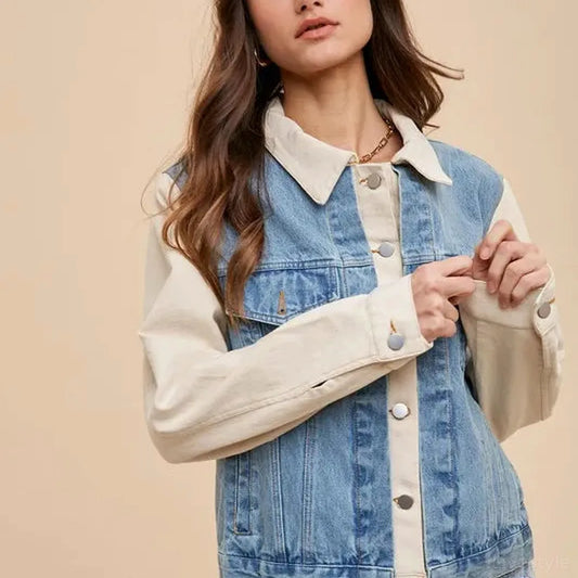 Collared Neck Double Placket Denim Jacket — square view — Livostyle