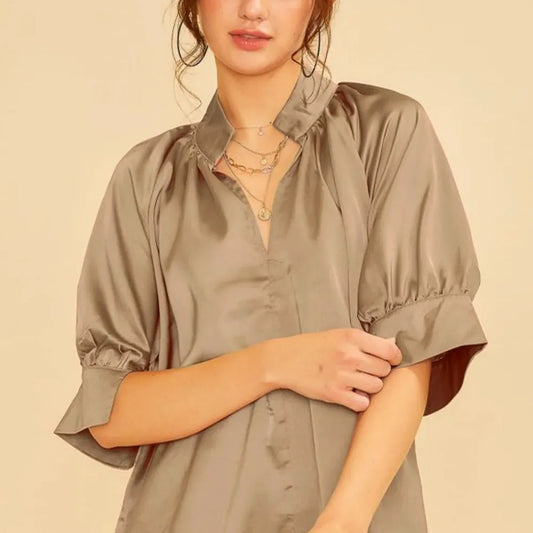 Elegant Satin V-Neck Blouse with Open Short Sleeves and Wove — square view — Livostyle