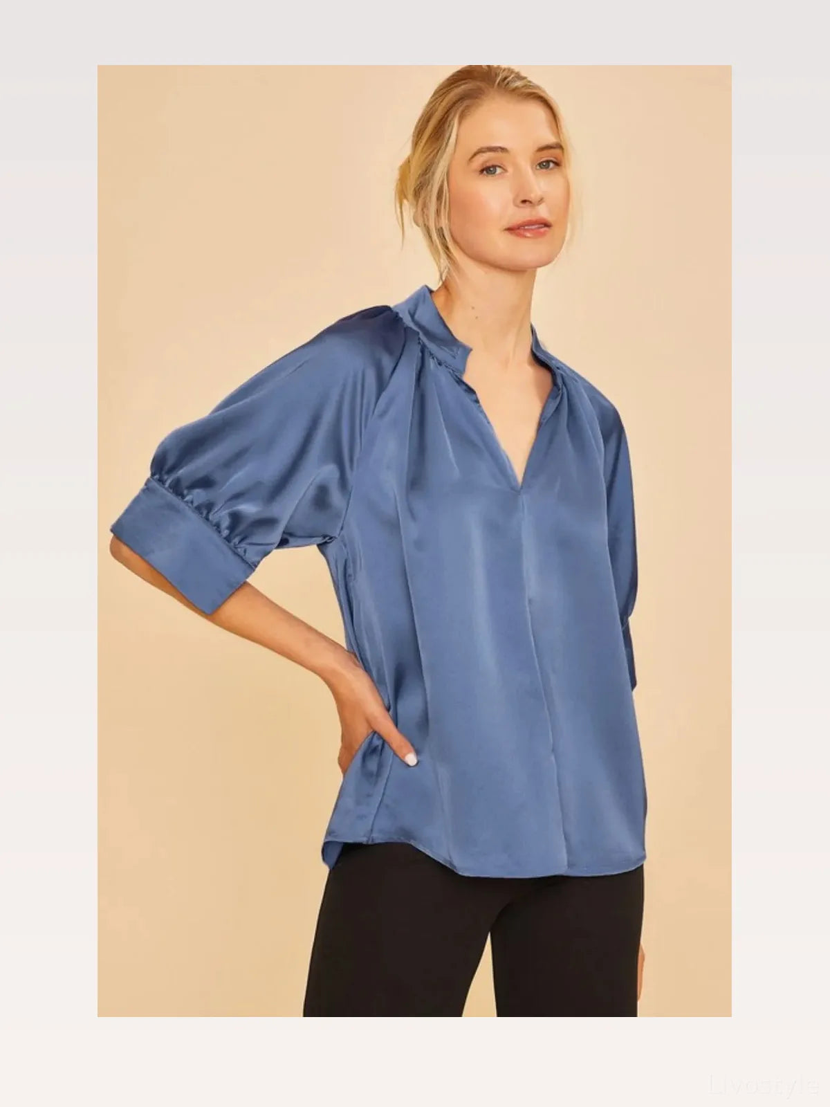 Elegant Satin V-Neck Blouse with Open Short Sleeves — styled showcase — Livostyle