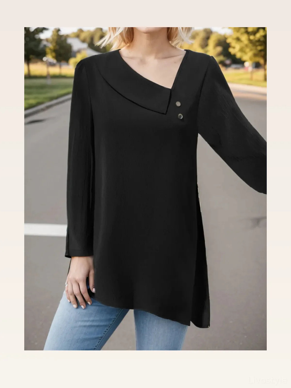 Chic Long Sleeve Asymmetrical Neck Blouse — styled showcase — Livostyle